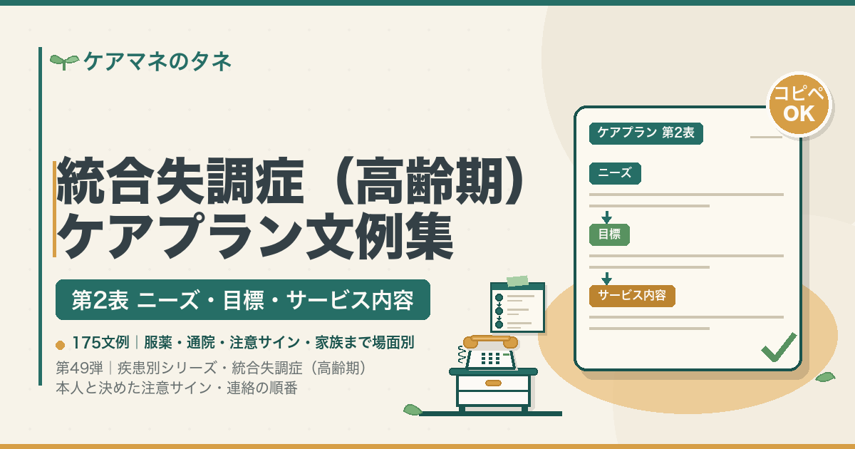 統合失調症（高齢期） ケアプラン文例集 第2表 ニーズ・目標・サービス内容 175文例