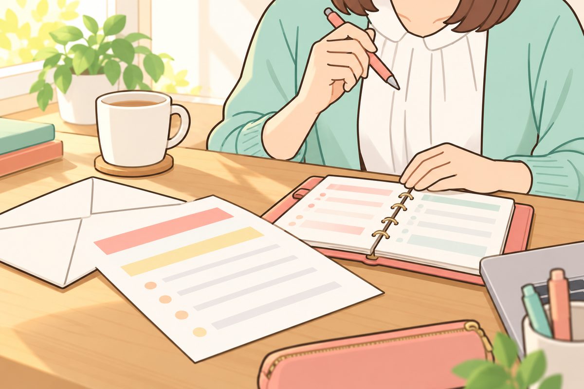 研修の案内を見ながら手帳を開くケアマネのイラスト