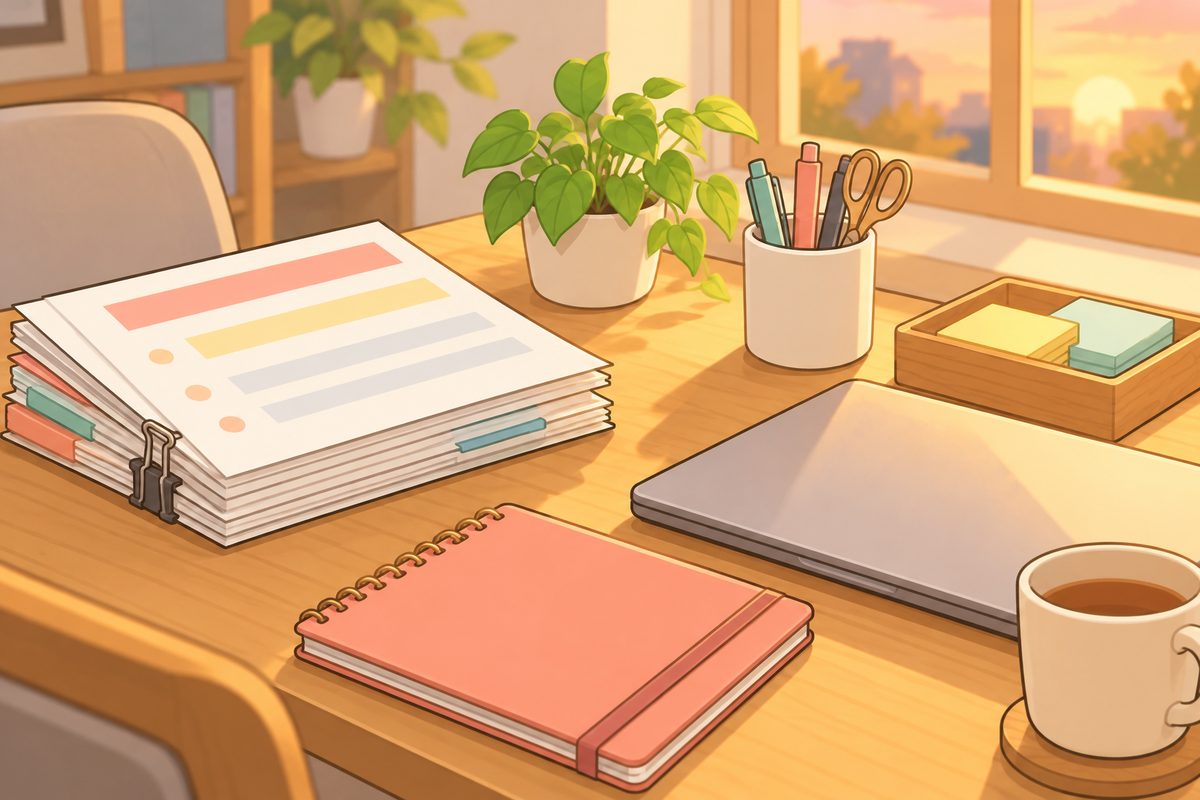研修前日にデスクで仕事を片付けるケアマネのイラスト
