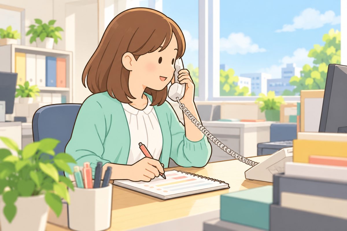 サービス事業所の相談員と電話で話すケアマネのイラスト