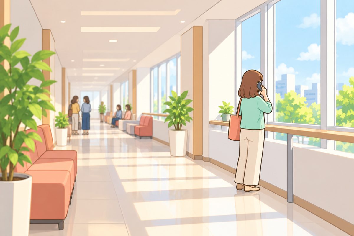 研修会場の休憩時間に廊下で電話をかけるケアマネのイラスト