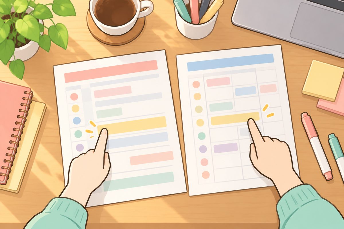 研修の日程表と予定表を見比べるケアマネのイラスト
