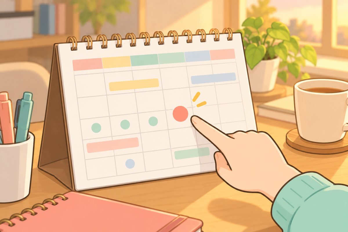 予定を書き込んだカレンダーを確かめるケアマネのイラスト